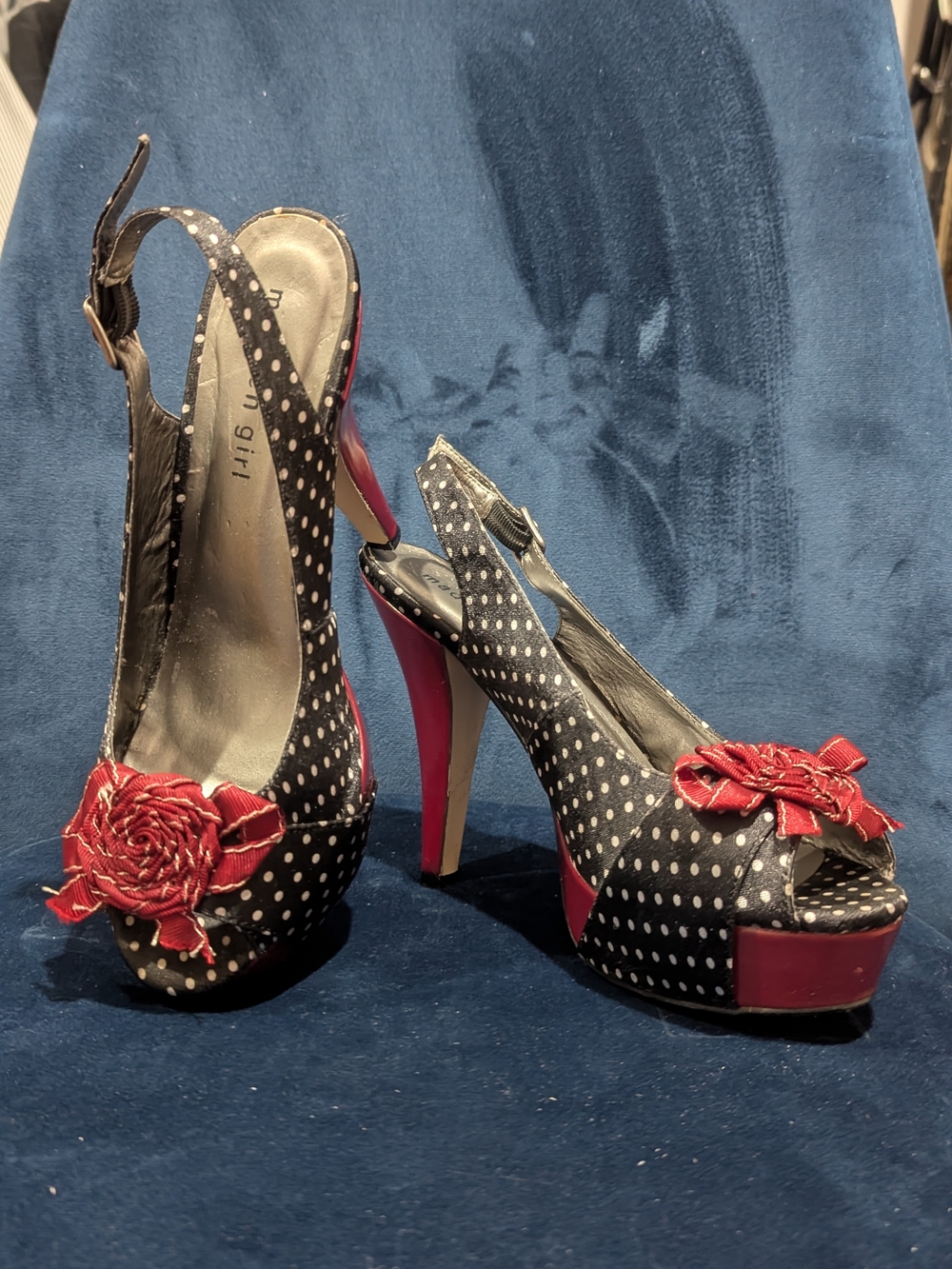 Madden Girl Black Polka Dot Slingback Heels with Red Floral Accent